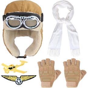 Aviator Costume Accessory Set Fur Ear Flaps Trooper Trapper Pilot Cap Aviator Goggles Scarf Gloves for Men Women Air Force Fighter Cosplay