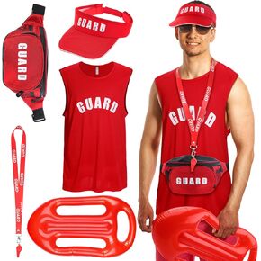 Hiboom 5 Pcs Guard Costume Set Including Inflatable Surfboard Guard Hat Red Fanny Pack Uniform Vests Whistles with Lanyard