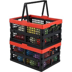 2-Pack Collapsible Plastic Shopping Basket with Handles, Folding Crates Storage Bins, 15 L
