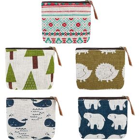Coin Purses, 5 Pcs Mini Canvas Pouch with Zipper Money Bank Change Bags Women Wallet Makeup Travel Holder for Car Keys, Credit Cards, Cash, Lipstick, Earphones, Cosmetic(5 Styles)