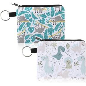 Giantree 2 Pcs Coin Purse for Women, Sloth Dinosaur Change Bag Small Cartoon Printing Canvas Purse, Coin Bag Organiser Purse Key Ring Wallet Cute Animal Coin Purse for Women