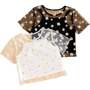 Girl's 2 Packs Mesh Shirt Top Floral Print Short Sleeve Sheer Cute Crop Tops with Cami Top