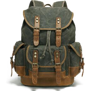 HuaChen Vintage Canvas Leather Backpack: Spacious Durable Rucksack for Men & Women, Perfect for Travel and College Life (M86_Army Green_Coffee)