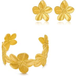 WOWORAMA Matte Gold Flower Bracelet and Stud Earrings Set for Women Vintage Floral Flower Cuff Bracelet