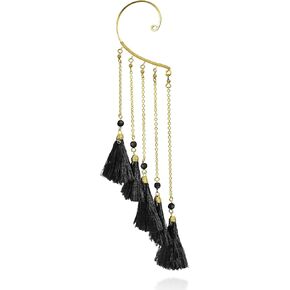 AeraVida 1 Piece Black Tassel Fringe Cascade Cartilage Cuff Brass Dangle Earring | Black Fringe Tassel Earrings | Statement Earrings | 30x55mm