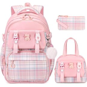 School Backpack for Girls, Kids Girls Backpacks with Lunch Bag Pencil Case, Cute Girls Bookbag Teens Backpack for Kindergarten Preschool Elementary Middle School, Pink