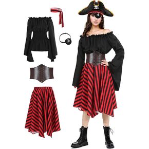 Pirate Costume Women, Renaissance Blouse Top Belt Headscarf Eye Patch Halloween Cosplay Pirate Costume Outfit