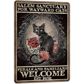 Salem Sanctuary For Wayward Cats Halloween Black Cat Halloween Decor Cat Lover Metal Signs Vintage Poster Home Bedroom Wall Art Gift 8x12 Inches