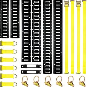 Elechomes E Track Tie-Down Rail Kit：22 Pcs Set Etrack kit 6 Rails, 2 Ratchet Straps, 6 Rope Tie Offs, 6 O Ring Anchors, 2 Single Slot Anchors Securing Accessories for Garages Vans Trailers Motorcycle