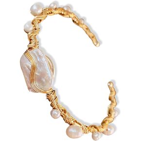 Gold Baroque Pearl Bracelet, Adjustable Gold Wrap Design Pearl Bracelet 18K Gold Plated Delicate Small Pearl Bracelet for Women Birthday Anniversary Valentine's Day Christmas Gift