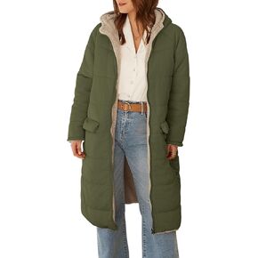 ECOWISH Women Winter Puffer Jacket - Reversible Fur Fleece Lined Hood Zip Sherpa Coat Parka Padded Long Outerwear