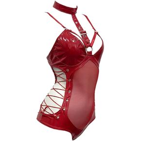 SINROYEE Women’s Teddy Bodysuit Sexy Lace Up Leather Pu Nightshirt Nightout One Piece ClubwearSexy cosplay Lingerie