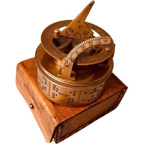 ALADEAN Vintage Brass Sundial Compass Antique Nautical Ship Sundial Clock in Keepsake Leather Gift Box Sun Clock Gift for Men & Women (Drum Sundial 2.75")