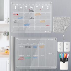 Acrylic Refrigerator Calendar Set, 16x12 inches, with 6 Dry Erase Markers and Marker Holder, White