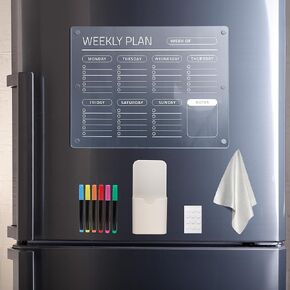 Magnetic Weekly Planning Board with Chalk Markers, Acrylic Fridge Organizer, 14 x 11 Inches, Modern Style, for Work or School, Magnetic Refrigerator Calendar, Acrylic Magnetic Calendar for Fridge