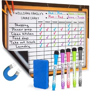 Chore Chart For Multiple Kids-By MBM-Magnetic Dry Erase Chore Chart Great for Kids,Teenagers & Adults-17x12"-Includes 6 Fine Tip Markers & Eraser With Strong Magnets-Daily Responsibility &Reward Chart