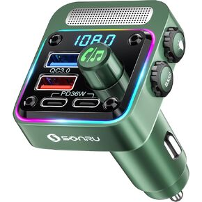 Bluetooth 5.3 FM Transmitter Car Adapter - SONRU Car Charger 54W [PD 36W & QC3.0 18W], Wireless FM Radio Transmitter [HiFi Treble & Bass Player], 5 Colors LED Backlit, Hands-Free Calling, U-Disk