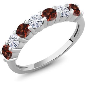 Gem Stone King 925 Sterling Silver Round Garnet and Moissanite Anniversary Ring For Women (1.28 Cttw, Gemstone Birthstone, Available in size 5, 6, 7, 8, 9)