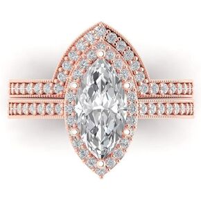 2.48 Carat Marquise Cut Clear VVS1 Ideal Zircon 14k Rose Gold Halo W/Accents Wedding Anniversary Bridal Ring Band Set