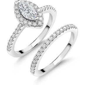Gem Stone King 925 Sterling Silver White Moissanite Wedding Engagement Ring Band Bridal Set For Women (1.02 Cttw, Marquise Cut 8X4MM, Available in Size 5,6,7,8,9)