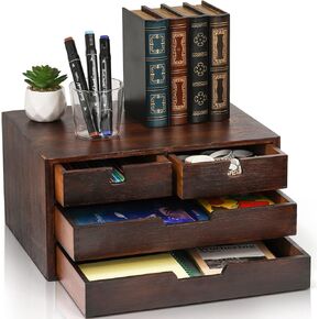 DEAYOU Bamboo Desk Organizer, Bamboo Storage Cabinet Box with 4 Drawer for Letter, Home, 3 Layer, Walnut Color