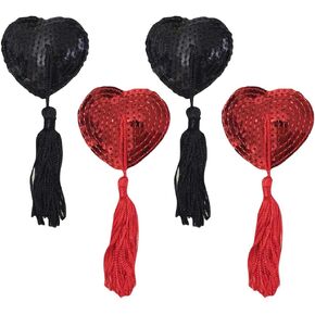 2 Pairs Heart Shaped Nipple Covers Reusable Sexy Breast Pasties Adhesive Breast Stickers Sticky Bra with Sequin Tassel Black and Red