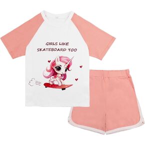 Little Bitty Girls' Clothing Sets Unicorn Skateboard Cotton Short Sleeve T-Shirt & Shorts Set Summer Outfits 5-10Y