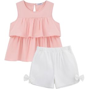 Girl's 2 Piece Outfits Sleeveless Tiered Ruffle Blouse Top and Shorts Set Summer Clothing Set