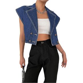 Floerns Women's Sleeveless Shawl Collar Button Front Denim Vest Cropped Jackets