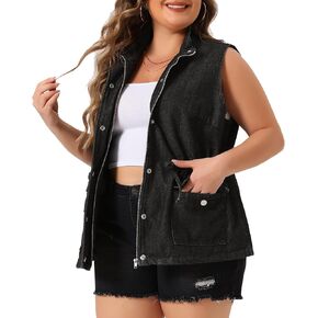 Agnes Orinda Plus Size Utility Vest for Women Lightweight Sleeveless Anorak Cargo Drawstring Jean Denim Jacket