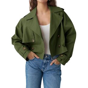 Tankaneo Womens Cropped Trench Coat Lapel Double Breasted Short Jacket Outwear with Pockets