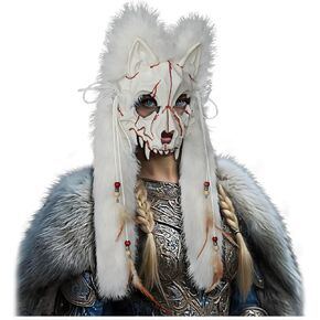 L'VOW Adult Wolf Mask Faux Fur Headdress Viking Fox Mask Werewolf Costume for Halloween Carnival