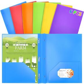 6 Packs Plastic Folders with Pockets and Prongs, Multicolor Pocket Folders with Prongs, 2 Pocket 3 Prong Folders for School, College, Home, Office and Work