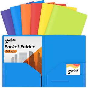 6 Pack Heavy Duty Plastic Folders with 2 Pockets for Students, Teachers, and Office Staff, 6 Assorted Colors