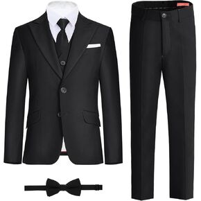 Plavict Boys' Suits Slim Fit 5 Pcs, Adjustable Waist, Boys Formal Suit Kids Black Suit