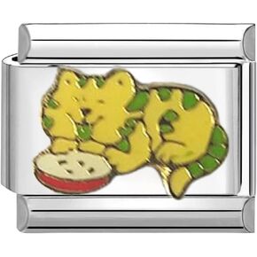 UNY JEWEL Delighted Cat Eating Italian Charm 9mm Stainless Steel Link - Enamel Kitty and Food Bowl Design Modular Charm Bracelet Link