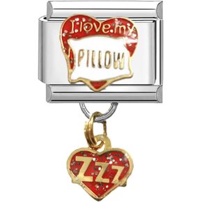 UNY JEWEL Enamel Heart Italian Charm 9mm Stainless Steel Link - Love My Pillow Design with Dangling Gold Heart Modular Charm Bracelet Link
