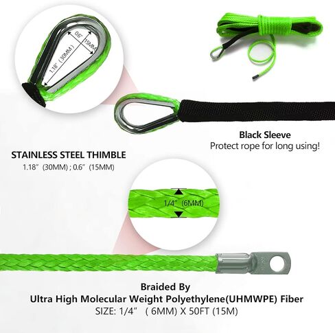 TOUGH 1/4" x 50 ft 10,000LBs Synthetic Winch Line Cable Rope with Black Protecing Sleeve for ATV UTV Winches Truck Boat (Green) in Saudi Arabia