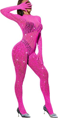 Women Sexy Lace Jumpsuit, Leopard Fishnet Bodysuit Dancer Glow Rave Outfits, One Piece Mesh Full Rhinestone Lingerie in Saudi Arabia