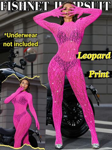 Women Sexy Lace Jumpsuit, Leopard Fishnet Bodysuit Dancer Glow Rave Outfits, One Piece Mesh Full Rhinestone Lingerie in Saudi Arabia