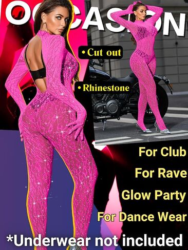 Women Sexy Lace Jumpsuit, Leopard Fishnet Bodysuit Dancer Glow Rave Outfits, One Piece Mesh Full Rhinestone Lingerie in Saudi Arabia