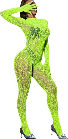 Women Sexy Lace Jumpsuit, Leopard Fishnet Bodysuit Dancer Glow Rave Outfits, One Piece Mesh Full Rhinestone Lingerie in Saudi Arabia