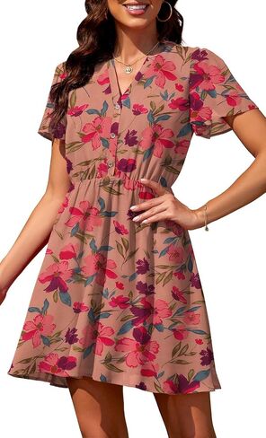 Summer Dress for Women 2024 Casual V Neck Short Sleeves Floral Chiffon Mini Dresses in Saudi Arabia