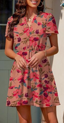 Summer Dress for Women 2024 Casual V Neck Short Sleeves Floral Chiffon Mini Dresses in Saudi Arabia