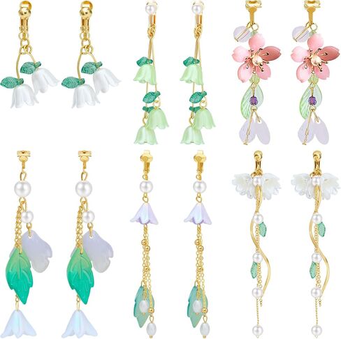 NEWITIN 6 Pairs Flower Clip On Earrings for Women Hypoallergenic Earrings Pearl Leaf Flower Tassel Earrings Statement Long Dangle Earrings Non Piercing Flower Earrings for Women in Saudi Arabia