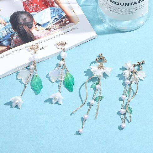 NEWITIN 6 Pairs Flower Clip On Earrings for Women Hypoallergenic Earrings Pearl Leaf Flower Tassel Earrings Statement Long Dangle Earrings Non Piercing Flower Earrings for Women in Saudi Arabia