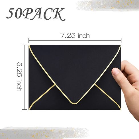 مظاريف 5x7 للدعوات ذات الحدود الذهبية، مظاريف على شكل حرف V 50 حزمة، مظاريف A7 للبطاقات، الزفاف، الدعوات، حفل استقبال المولود الجديد، جميع المناسبات (أسود) in Saudi Arabia