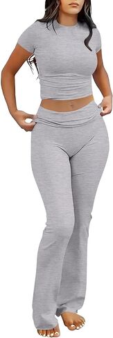 Darong Women's 2 Piece Lounge Set Fold-Over Flare Pants Short Sleeve Cropped Top Set Casual Outfits Pajamas Set in Saudi Arabia