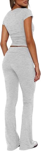 Darong Women's 2 Piece Lounge Set Fold-Over Flare Pants Short Sleeve Cropped Top Set Casual Outfits Pajamas Set in Saudi Arabia