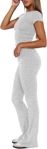 Darong Women's 2 Piece Lounge Set Fold-Over Flare Pants Short Sleeve Cropped Top Set Casual Outfits Pajamas Set in Saudi Arabia